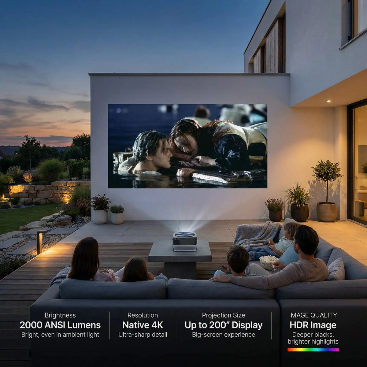 Outdoor movie night with the Zoomly Pro Elite: 2000 ANSI lumens, native 4K and HDR on a 200-inch wall projection