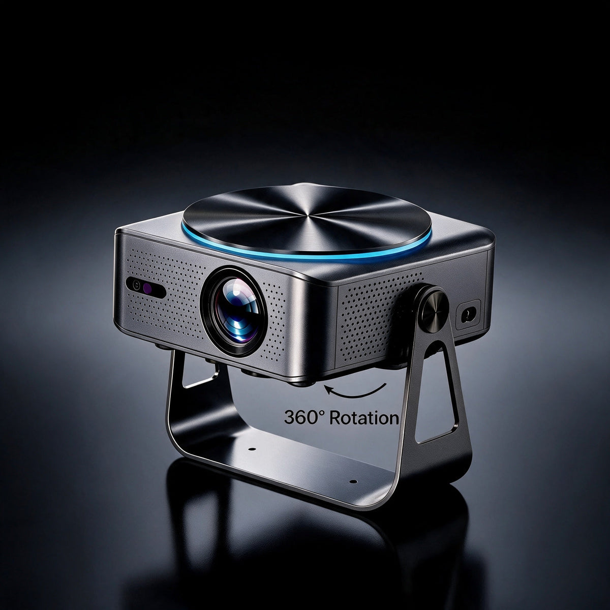 Zoomly Pro Elite projector tilted on its built-in 360-degree rotation stand for ceiling and wall projection